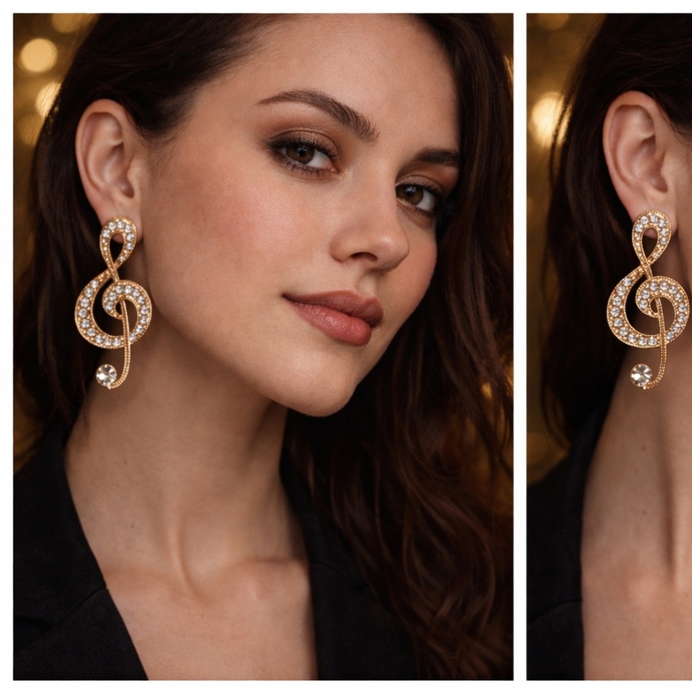 Gold Treble Clef Crystal Drop Earrings for Women. 1 piece (single earring)